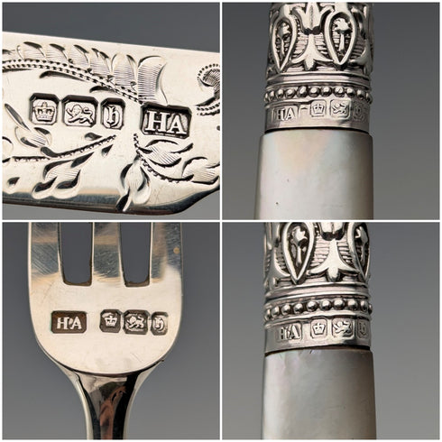 1900 British antique pure silver blades, mother of pearl handles, dessert cutlery set of 6, Atkin Brothers